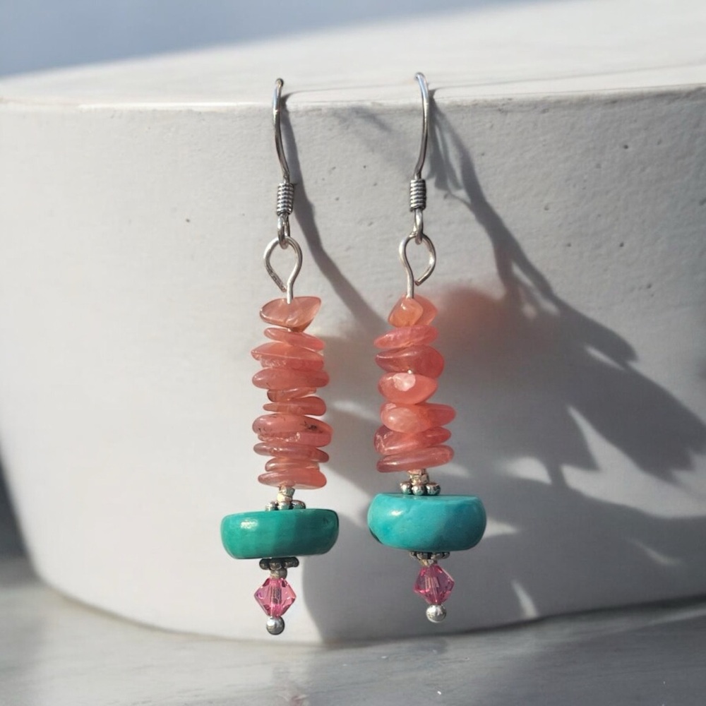 Hand crafted turquoise rhodochrosite Swarovski crystal earrings